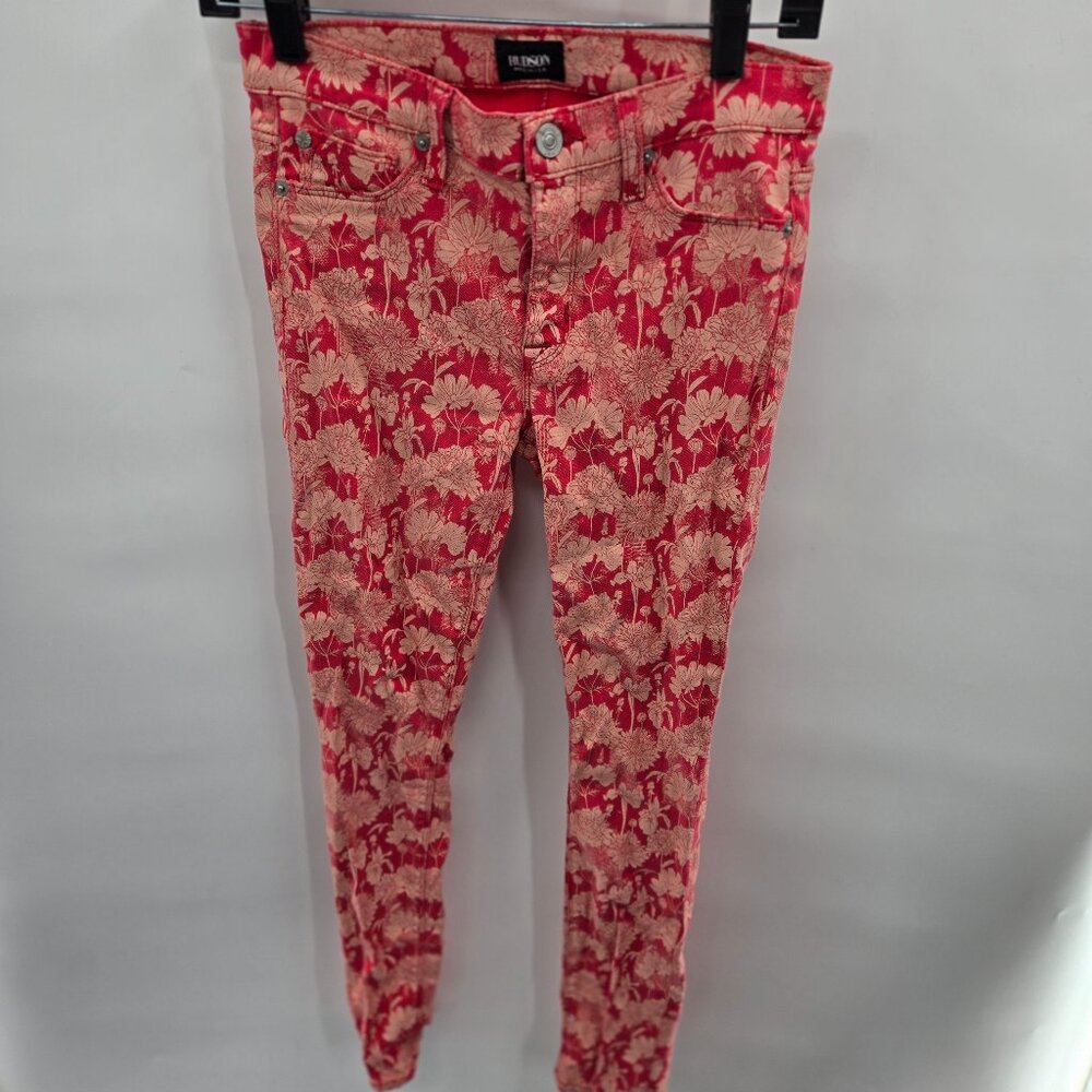 Hudson Jeans Red Orange Floral Print Nico Mid Rise Skinny Ankle Pants Size 27